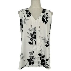 White House Black Market Floral V-Neck Sleeveless Blouse White Black Sz 8